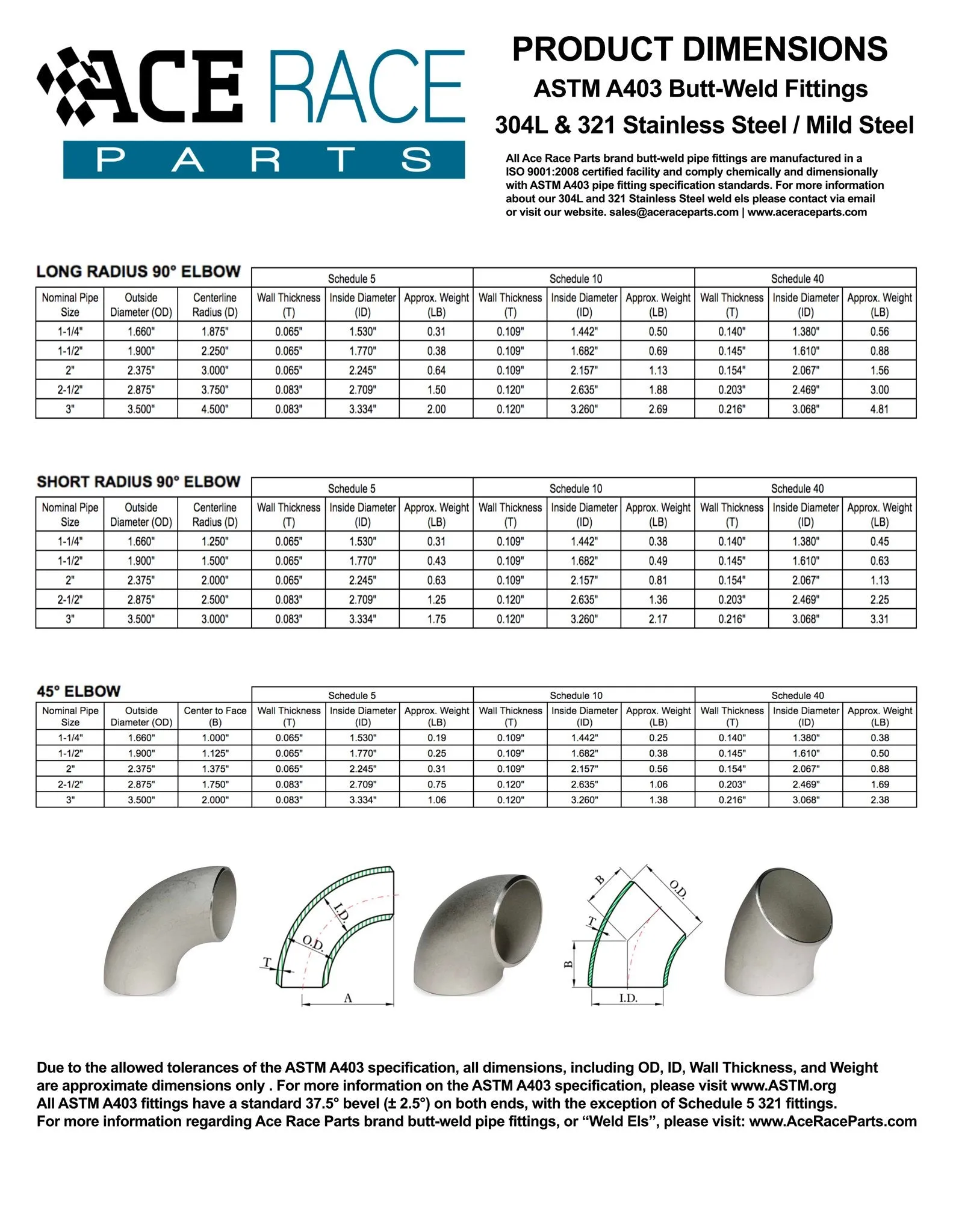 1-1/4" Schedule 10 Long Radius 90° Elbow 321 Stainless