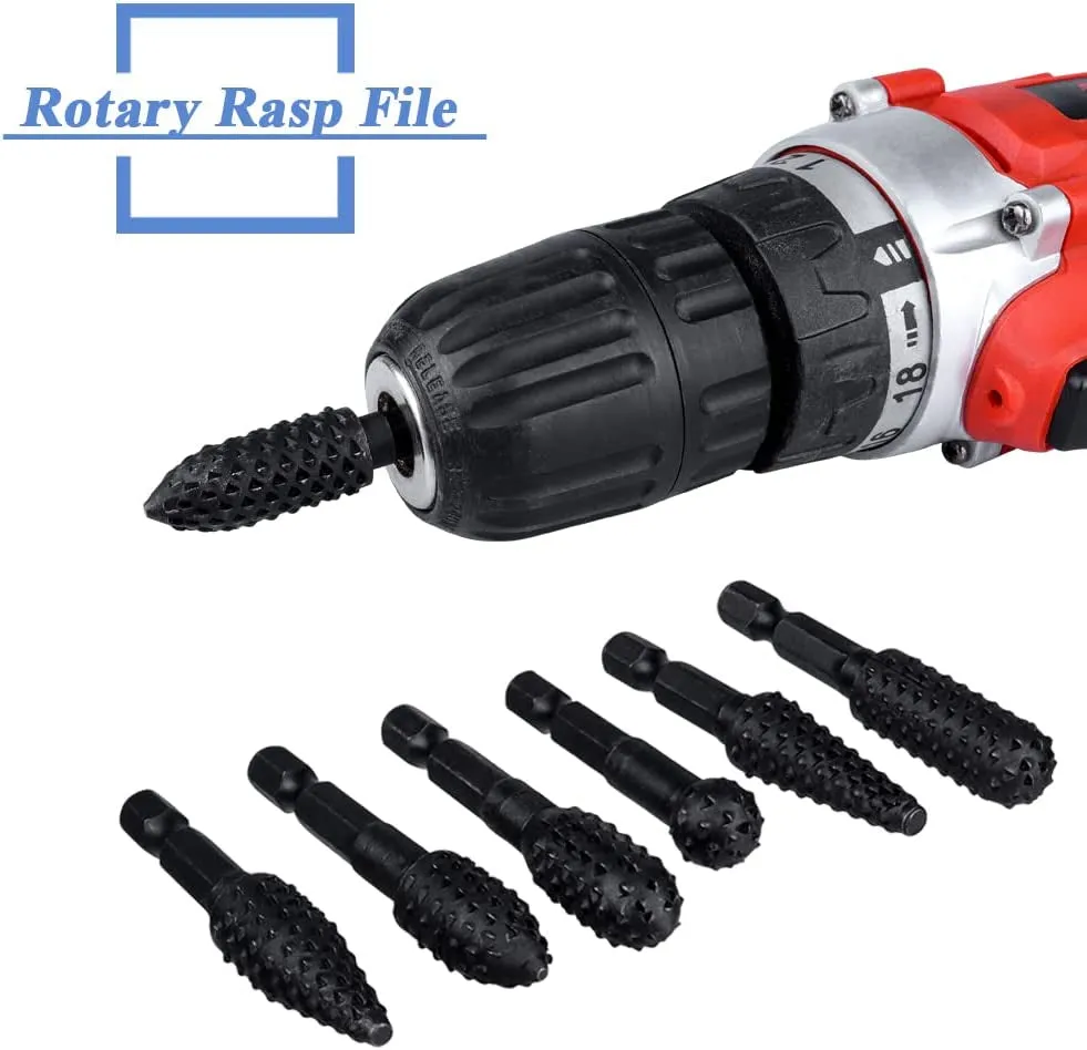 10 Pieces Rotary Burr Rasp Set, 1/4 Inch Hex Shank Quick Change Wood Carving Drill Bits Carbon Steel File Rasp DIY Woodworking Tool for Wood Plastic