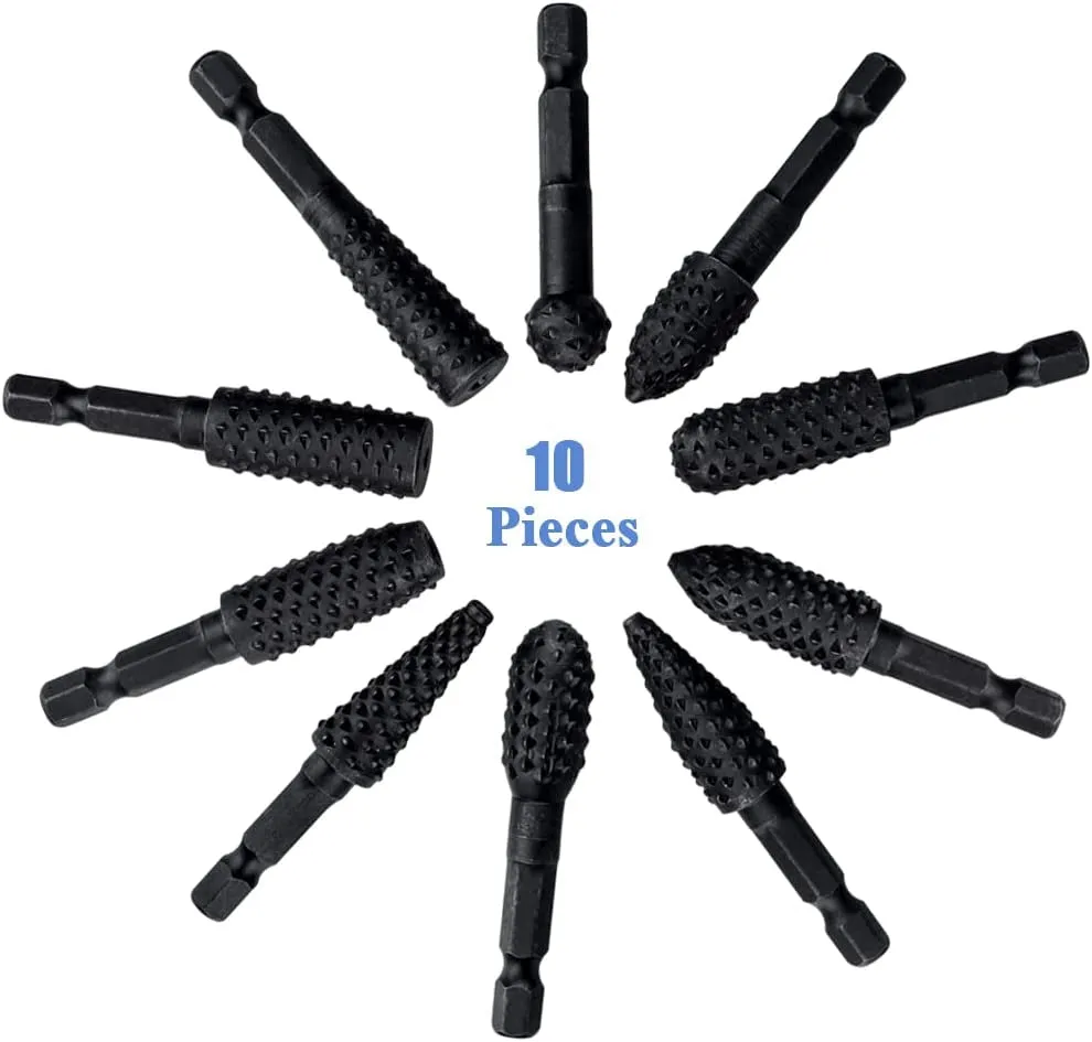 10 Pieces Rotary Burr Rasp Set, 1/4 Inch Hex Shank Quick Change Wood Carving Drill Bits Carbon Steel File Rasp DIY Woodworking Tool for Wood Plastic