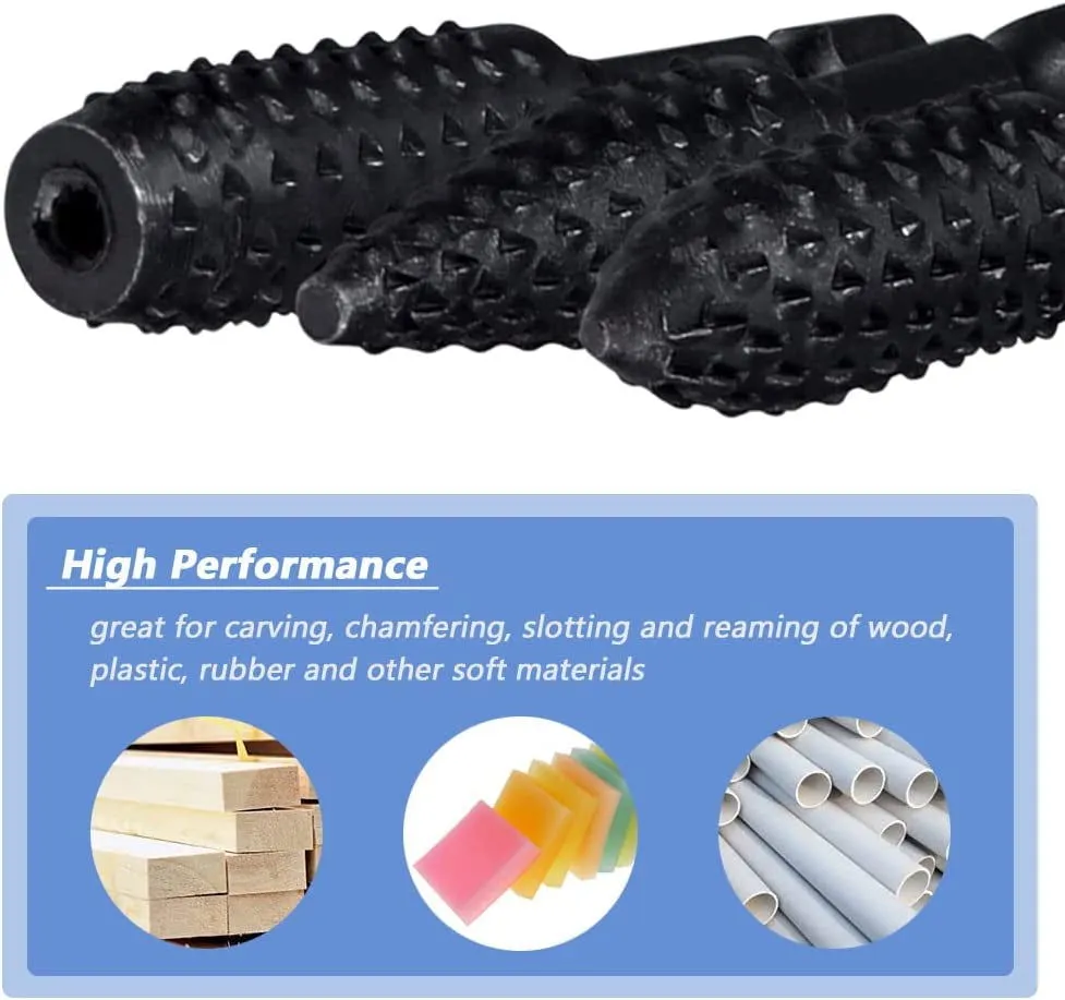 10 Pieces Rotary Burr Rasp Set, 1/4 Inch Hex Shank Quick Change Wood Carving Drill Bits Carbon Steel File Rasp DIY Woodworking Tool for Wood Plastic