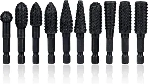 10 Pieces Rotary Burr Rasp Set, 1/4 Inch Hex Shank Quick Change Wood Carving Drill Bits Carbon Steel File Rasp DIY Woodworking Tool for Wood Plastic