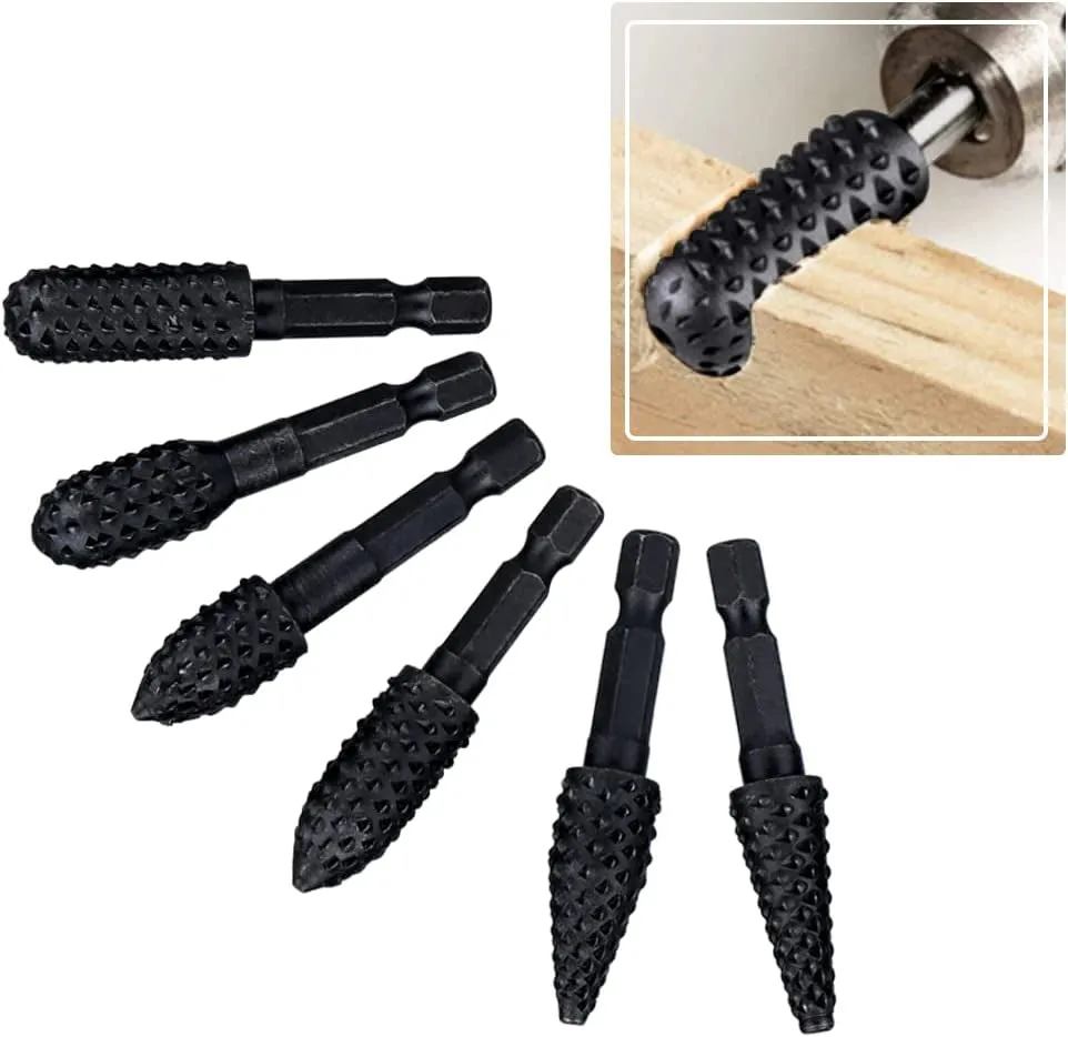 10 Pieces Rotary Burr Rasp Set, 1/4 Inch Hex Shank Quick Change Wood Carving Drill Bits Carbon Steel File Rasp DIY Woodworking Tool for Wood Plastic