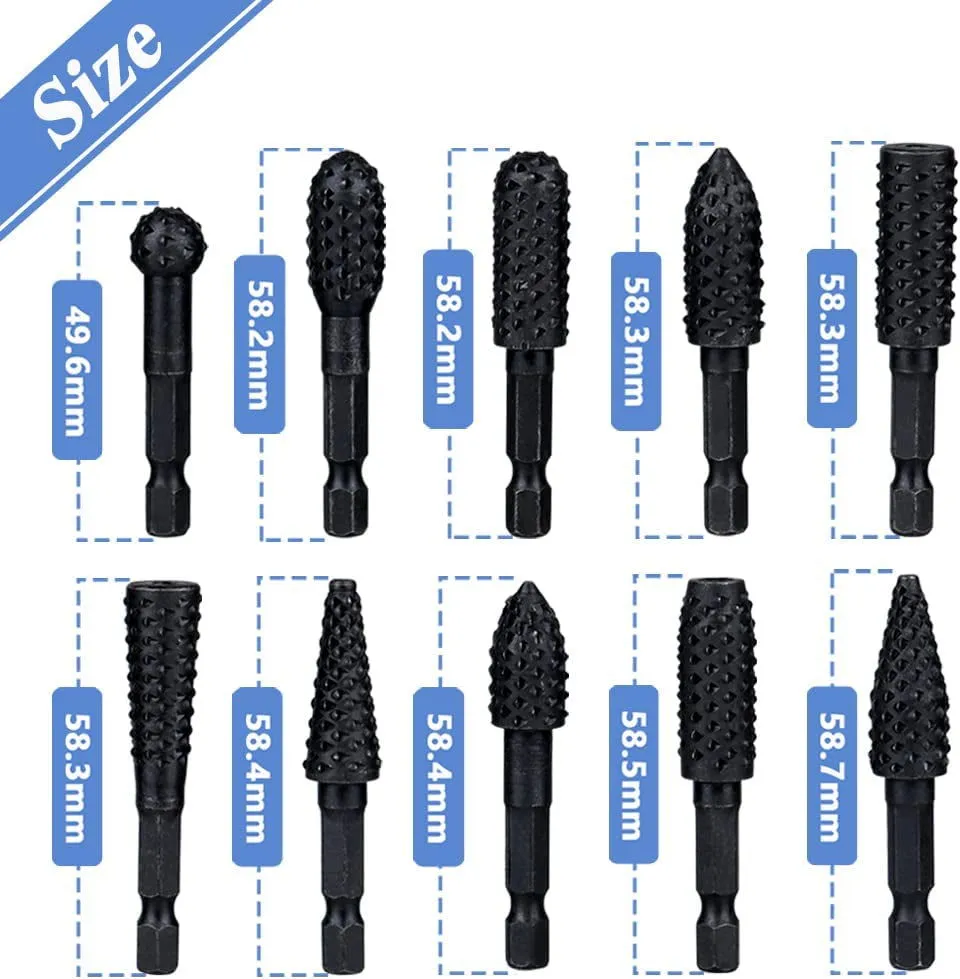 10 Pieces Rotary Burr Rasp Set, 1/4 Inch Hex Shank Quick Change Wood Carving Drill Bits Carbon Steel File Rasp DIY Woodworking Tool for Wood Plastic