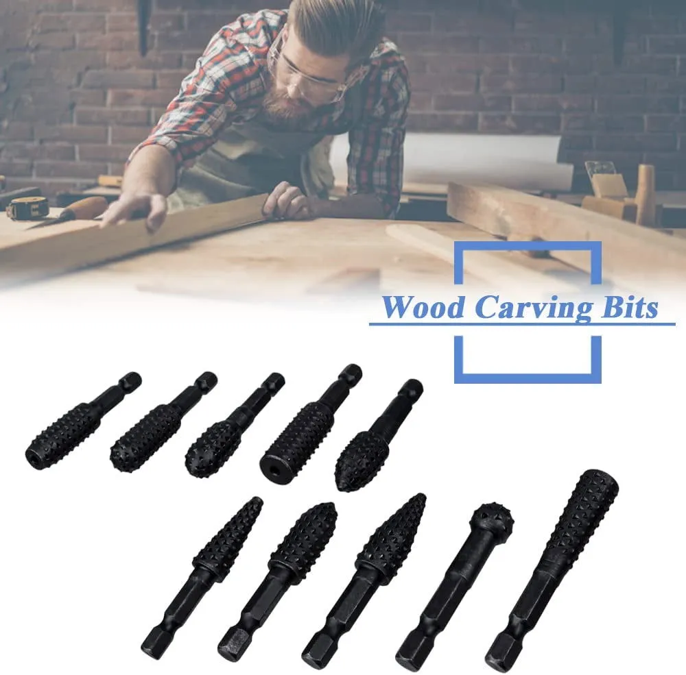 10 Pieces Rotary Burr Rasp Set, 1/4 Inch Hex Shank Quick Change Wood Carving Drill Bits Carbon Steel File Rasp DIY Woodworking Tool for Wood Plastic