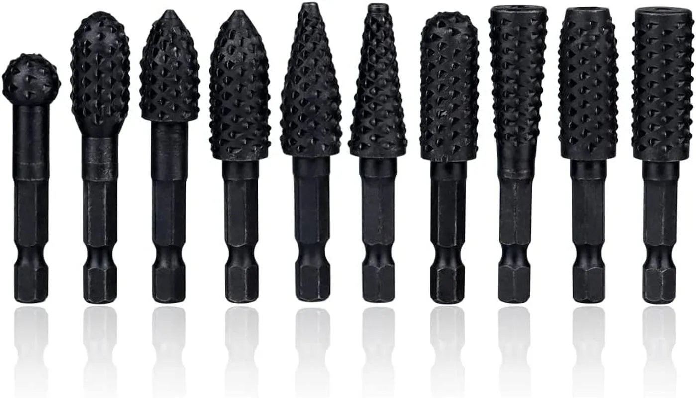 10 Pieces Rotary Burr Rasp Set, 1/4 Inch Hex Shank Quick Change Wood Carving Drill Bits Carbon Steel File Rasp DIY Woodworking Tool for Wood Plastic