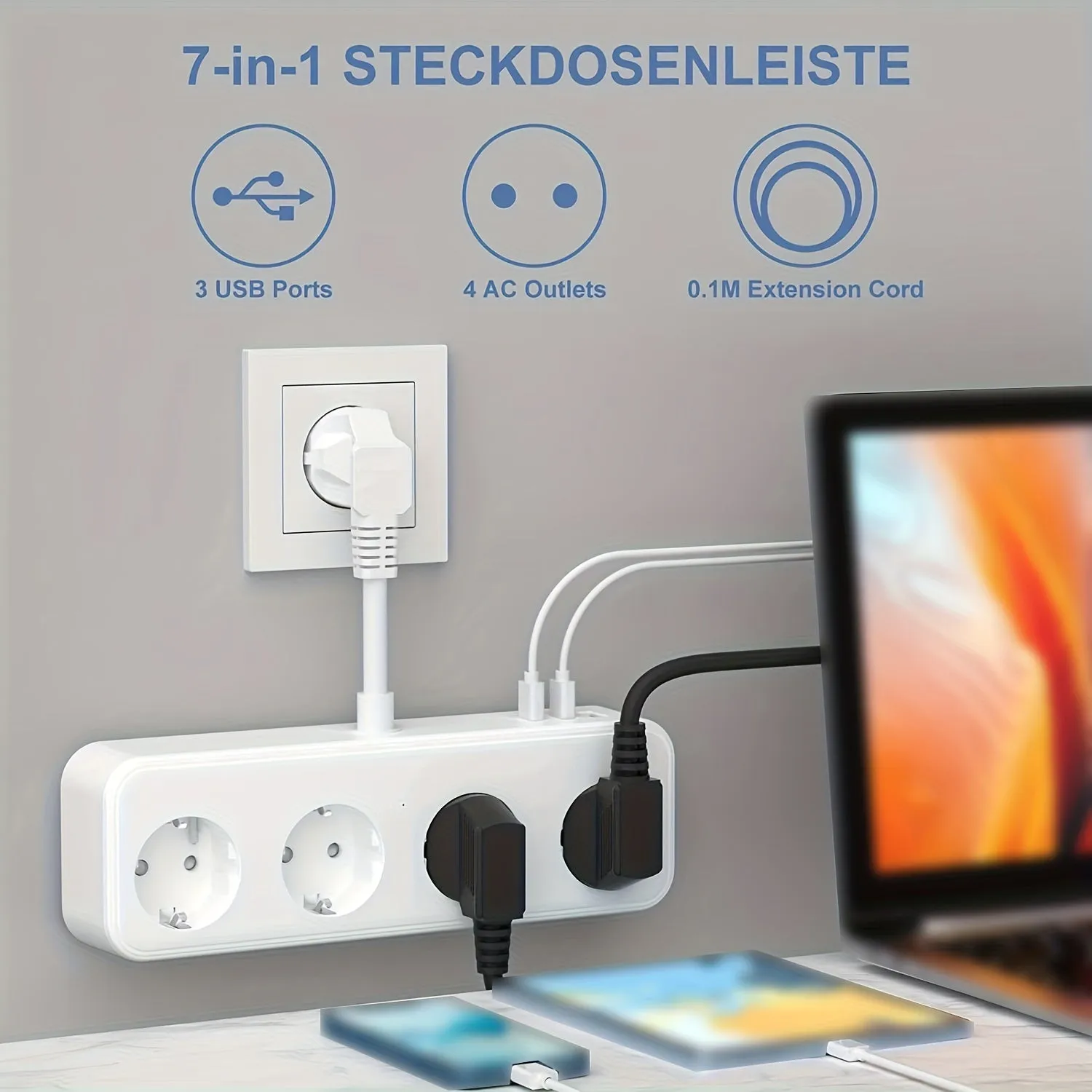 7in1 White Socket Adapter with USB for Office or Home