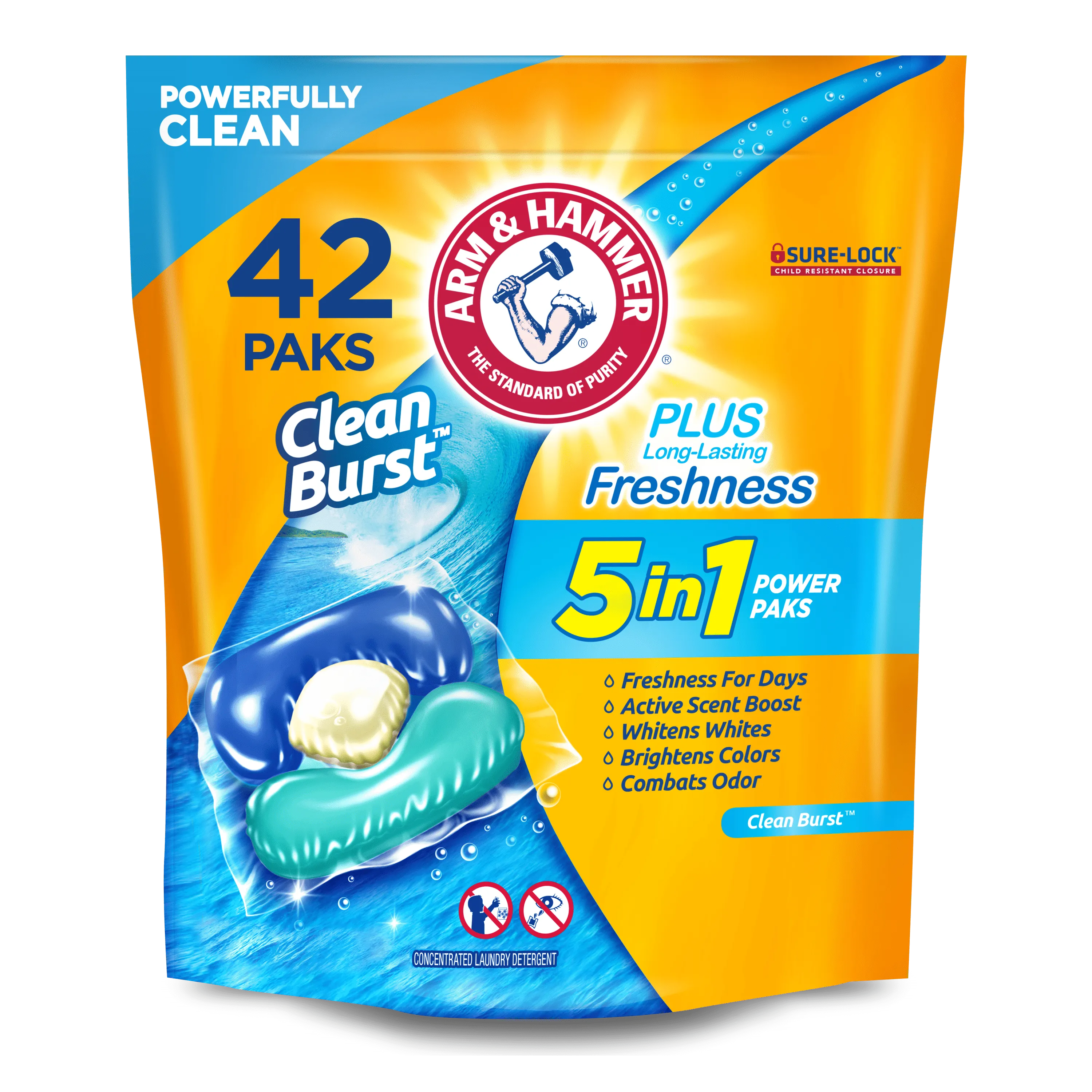Arm & Hammer Clean Burst 5-in-1 Laundry Detergent Power Paks, High Efficieny (HE), 42 Count