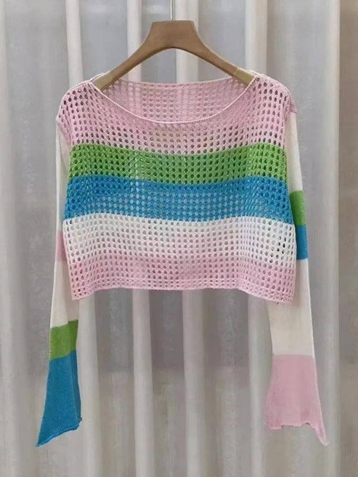 Colorful Stripe Patchwork Cutout Crochet Top