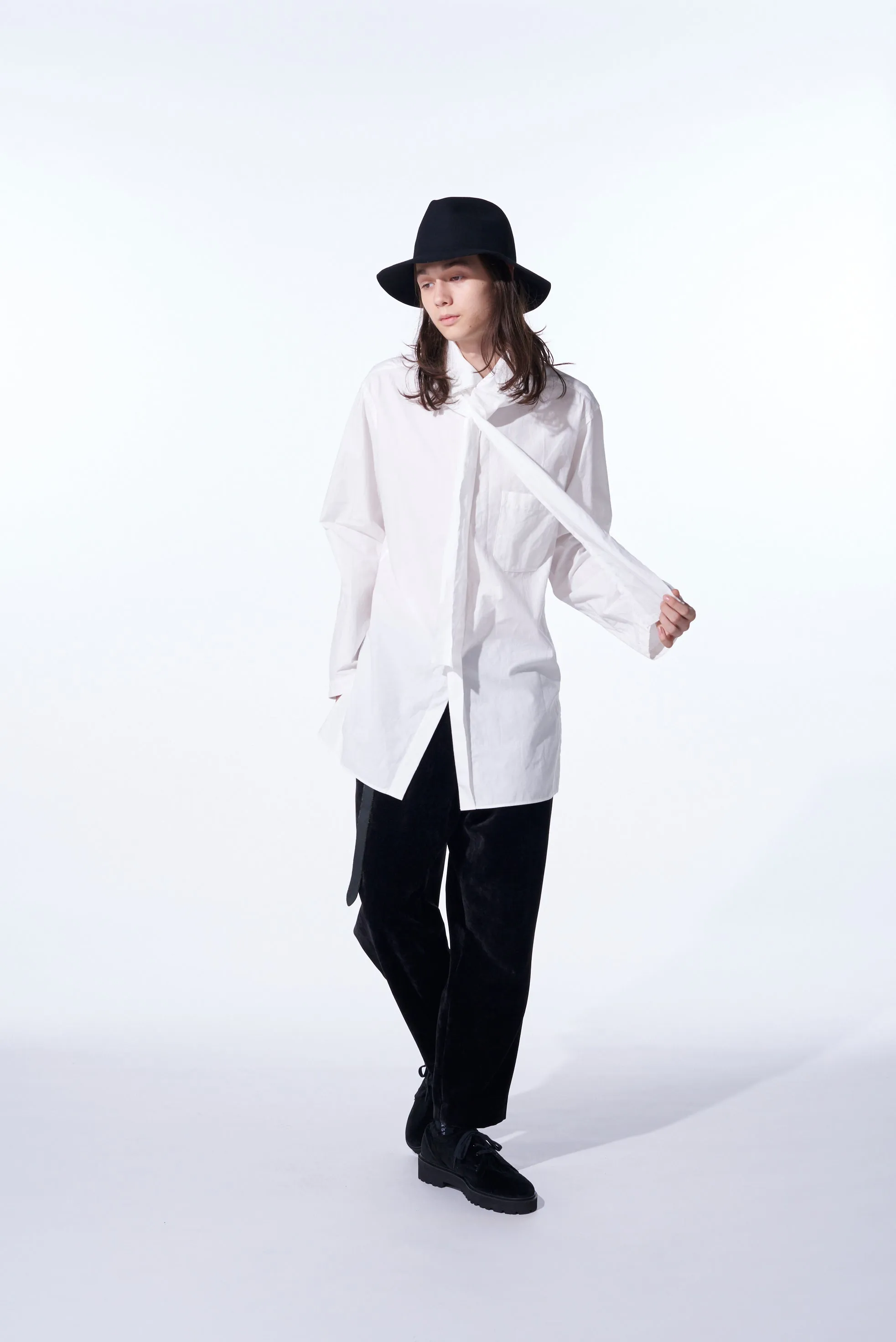 COTTON/LINEN WASHER TYPEWRITER  ASYMMETRICAL STOLE COLLAR SHIRT