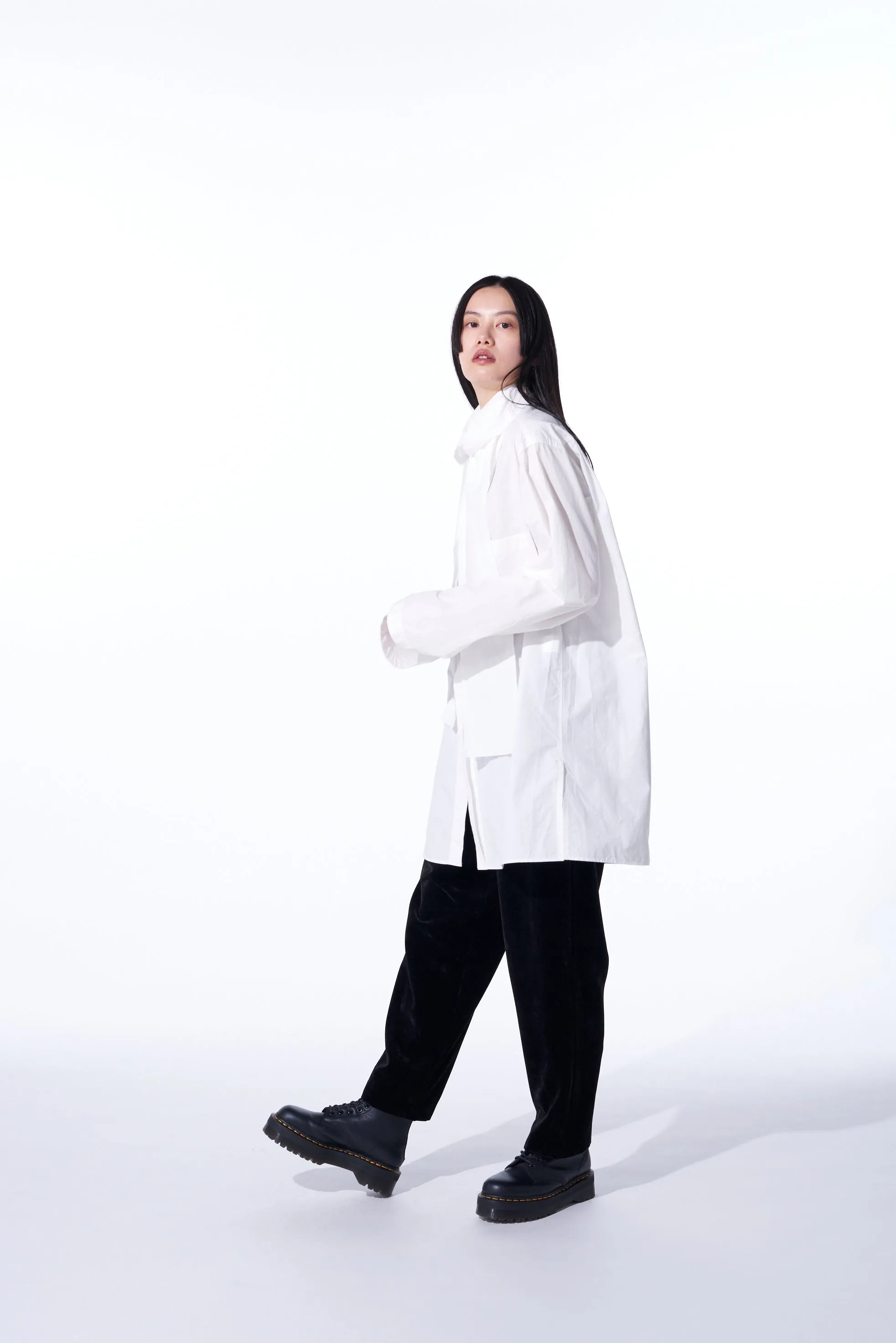 COTTON/LINEN WASHER TYPEWRITER  ASYMMETRICAL STOLE COLLAR SHIRT