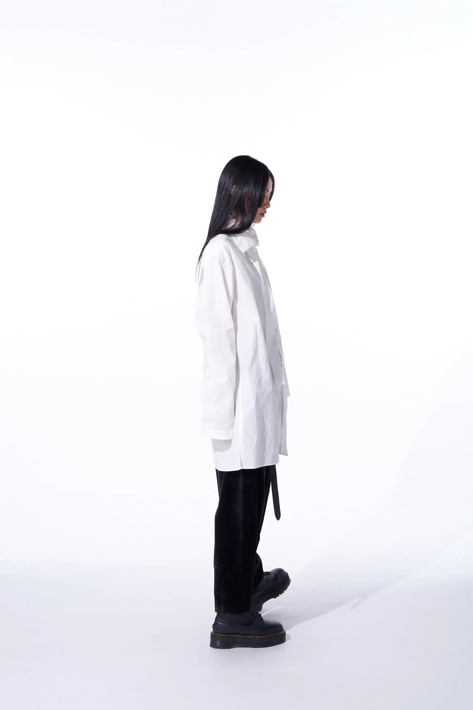 COTTON/LINEN WASHER TYPEWRITER  ASYMMETRICAL STOLE COLLAR SHIRT