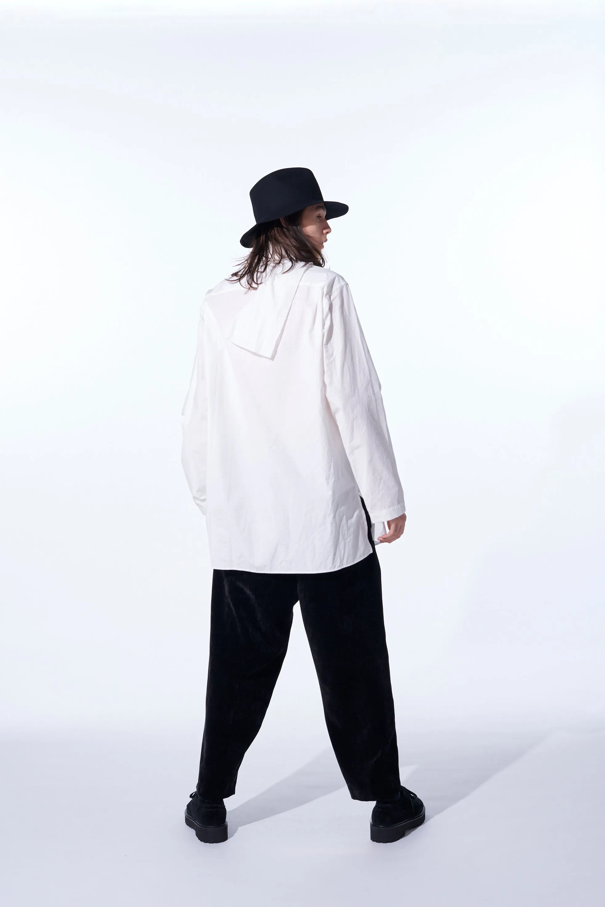 COTTON/LINEN WASHER TYPEWRITER  ASYMMETRICAL STOLE COLLAR SHIRT