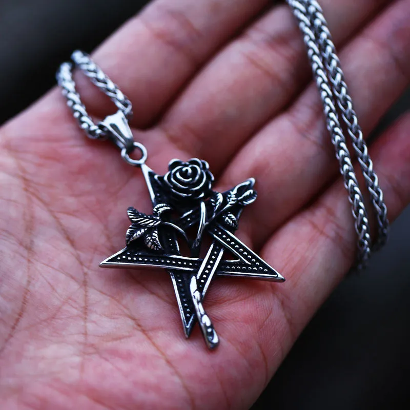 Custom Retro Rose Titanium Steel Pendant for Men - European and American Pentagram Design