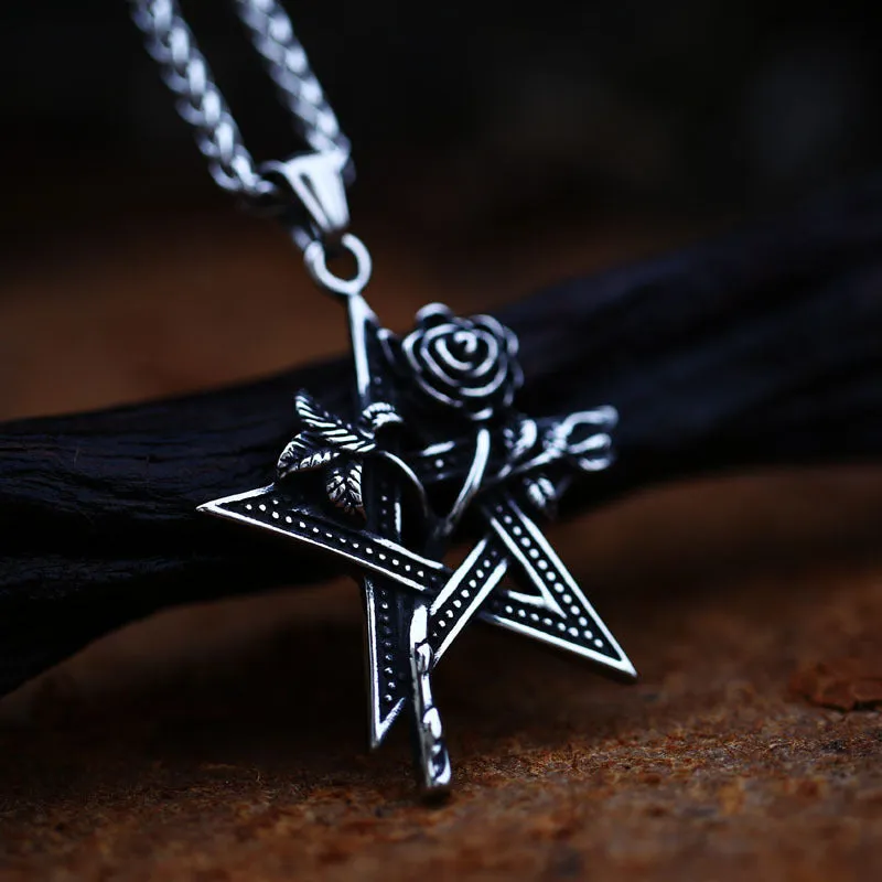 Custom Retro Rose Titanium Steel Pendant for Men - European and American Pentagram Design