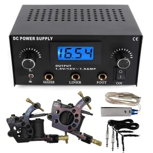 Dual Digital Tattoo Machine Power Supply with 2 pcs Coils Liner and Shader Tattoo Machine Gun Foot Switch and Clip Cord Kit