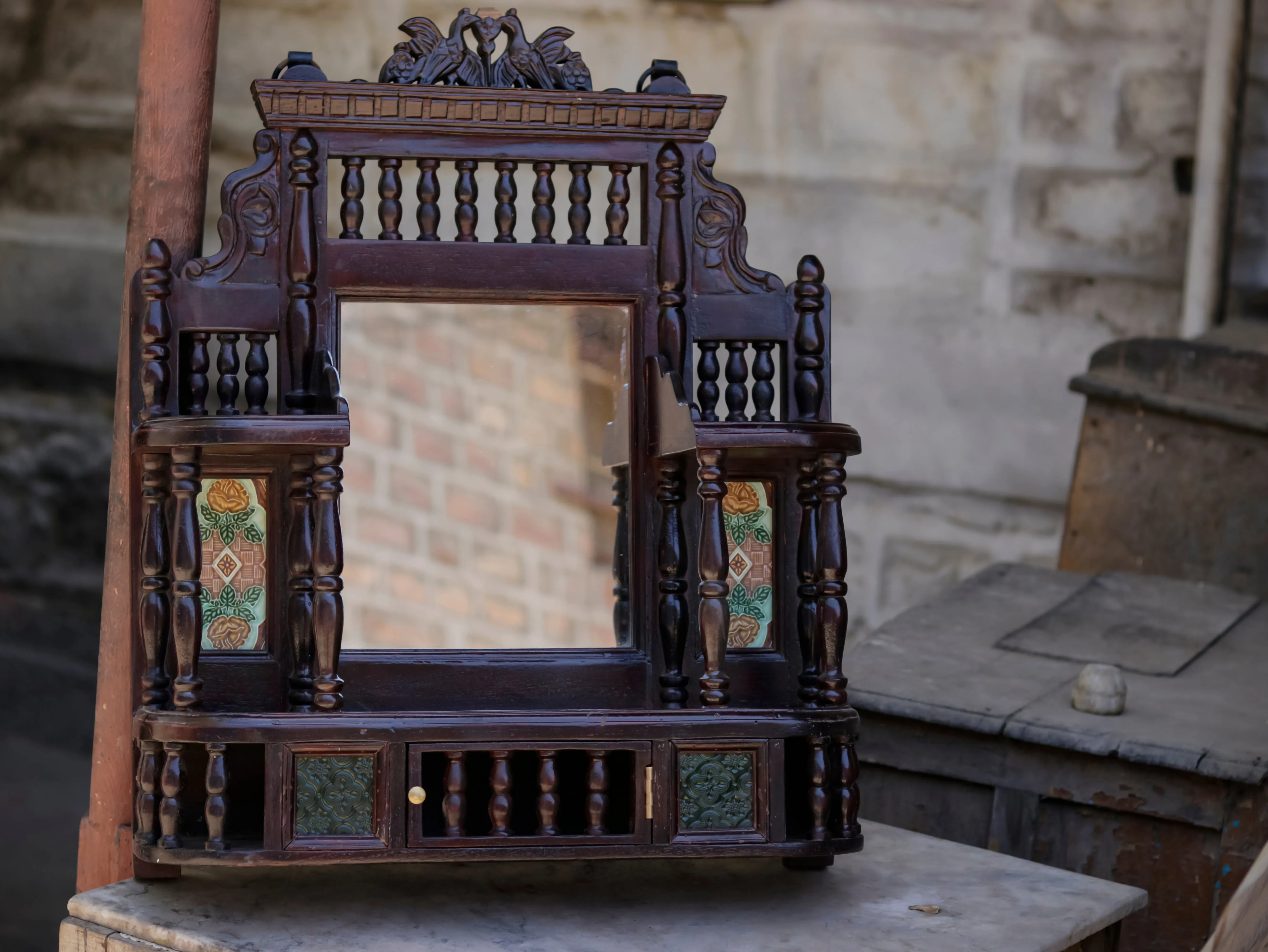 Intricate Carved Teak Wood Mirror