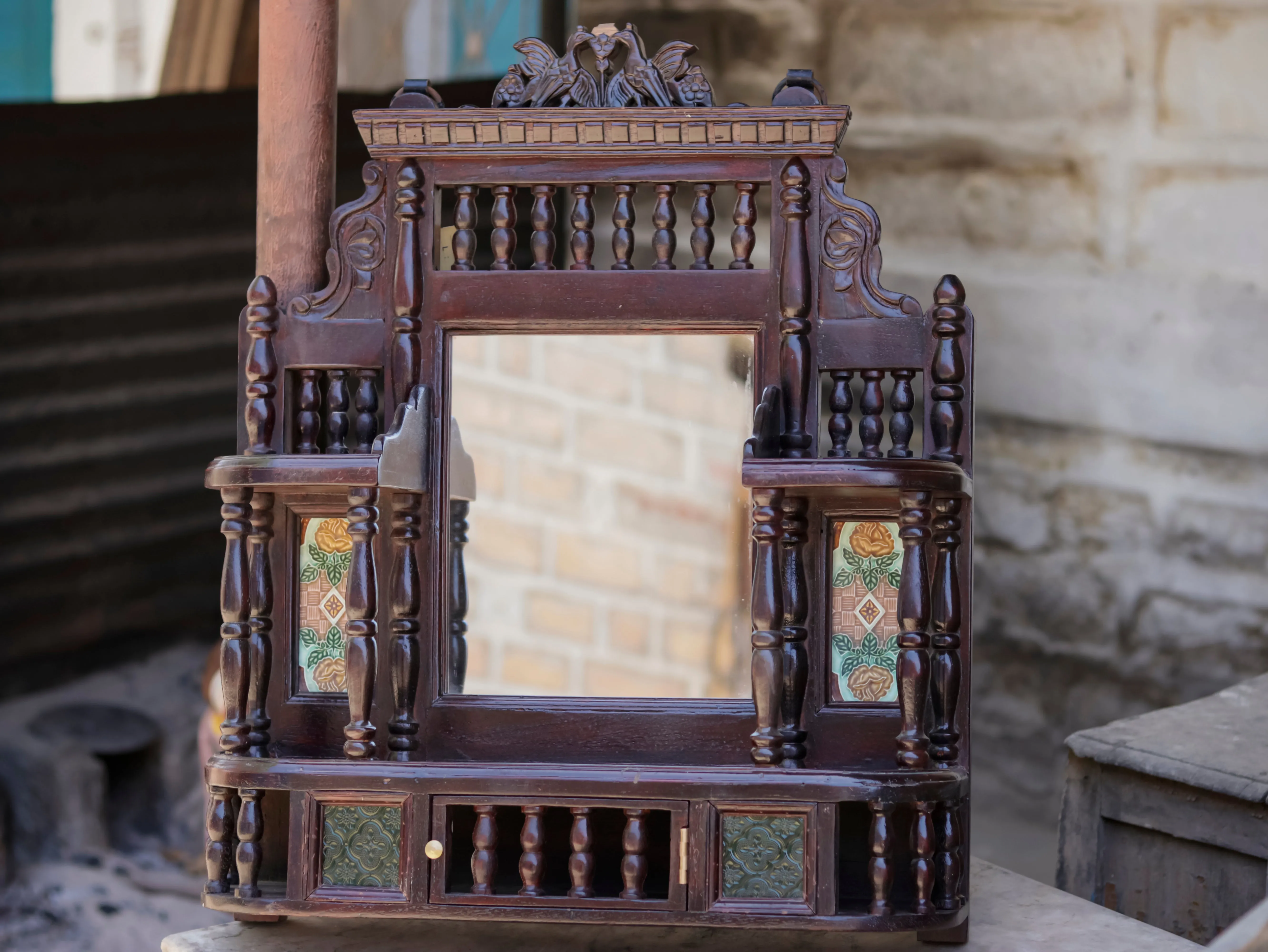 Intricate Carved Teak Wood Mirror