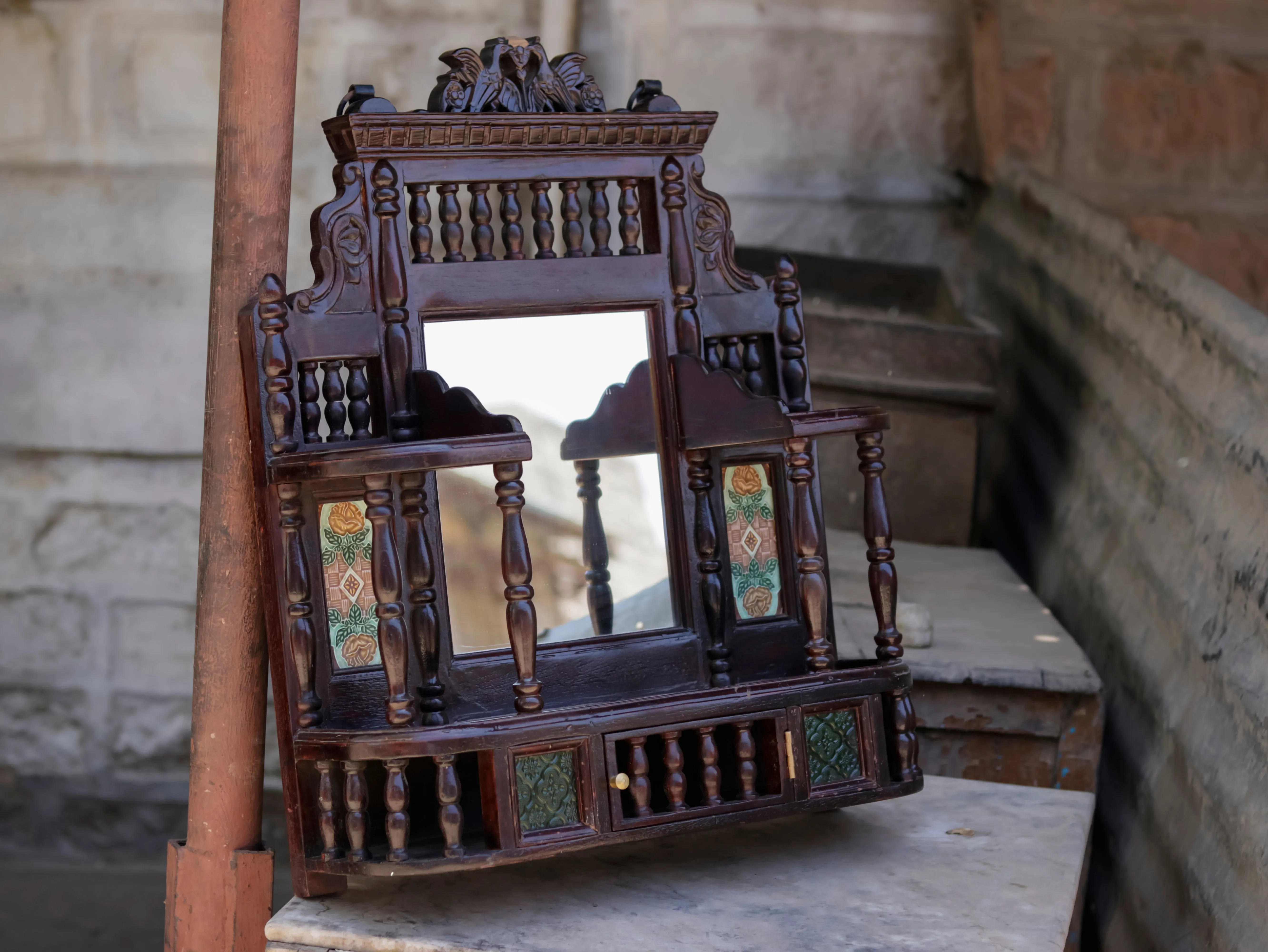 Intricate Carved Teak Wood Mirror