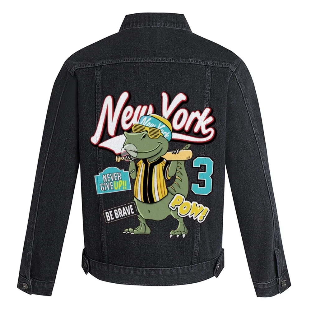 Mens Vintage Cartoon Prints New York Never Give Up Be Brave Denim Jacket
