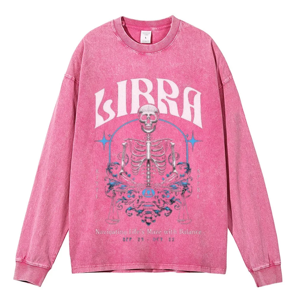 Oversized Vintage Washed Zodiac Skeleton Libra Graphic Sweatshirt