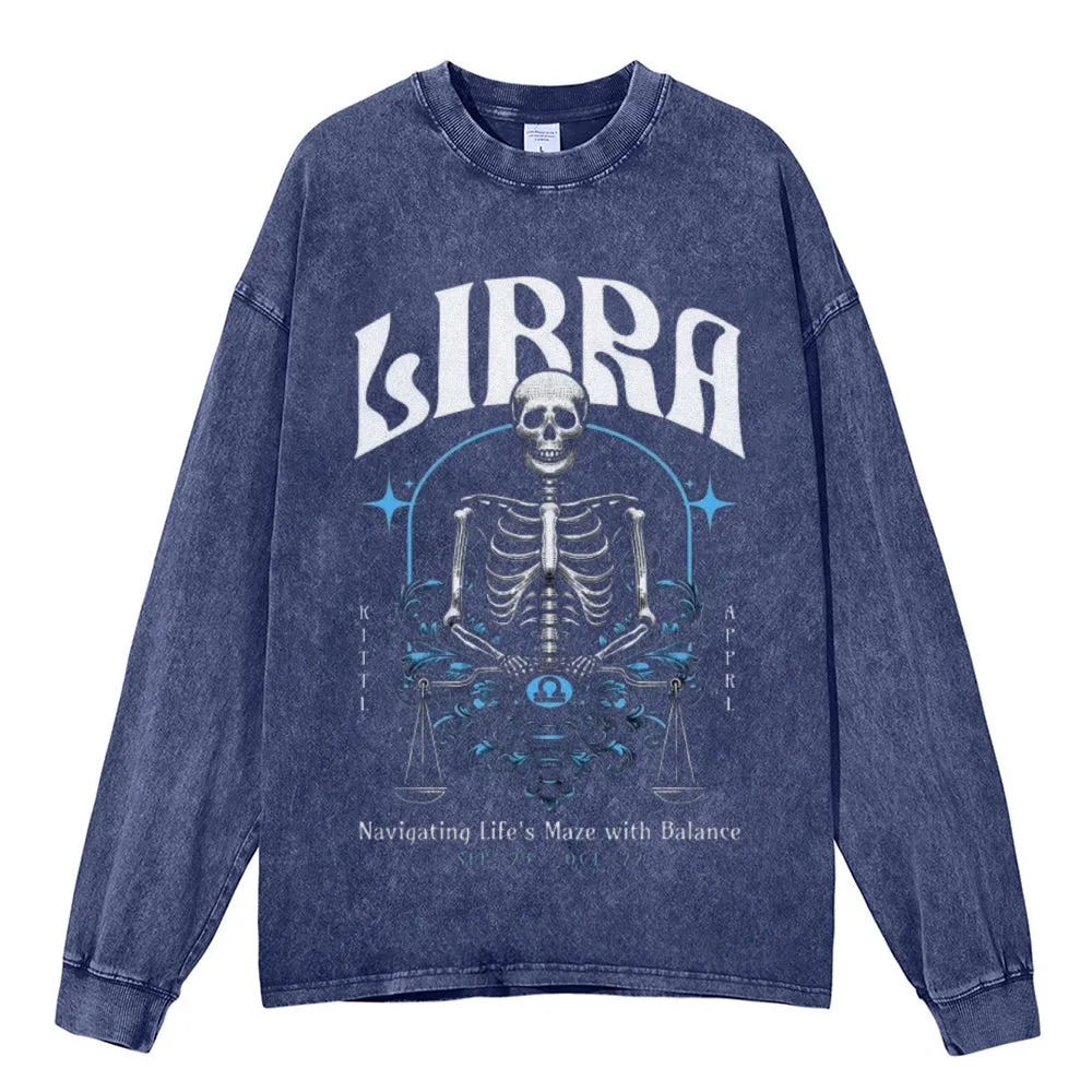 Oversized Vintage Washed Zodiac Skeleton Libra Graphic Sweatshirt