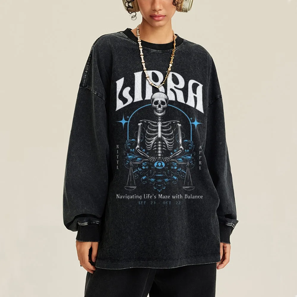 Oversized Vintage Washed Zodiac Skeleton Libra Graphic Sweatshirt