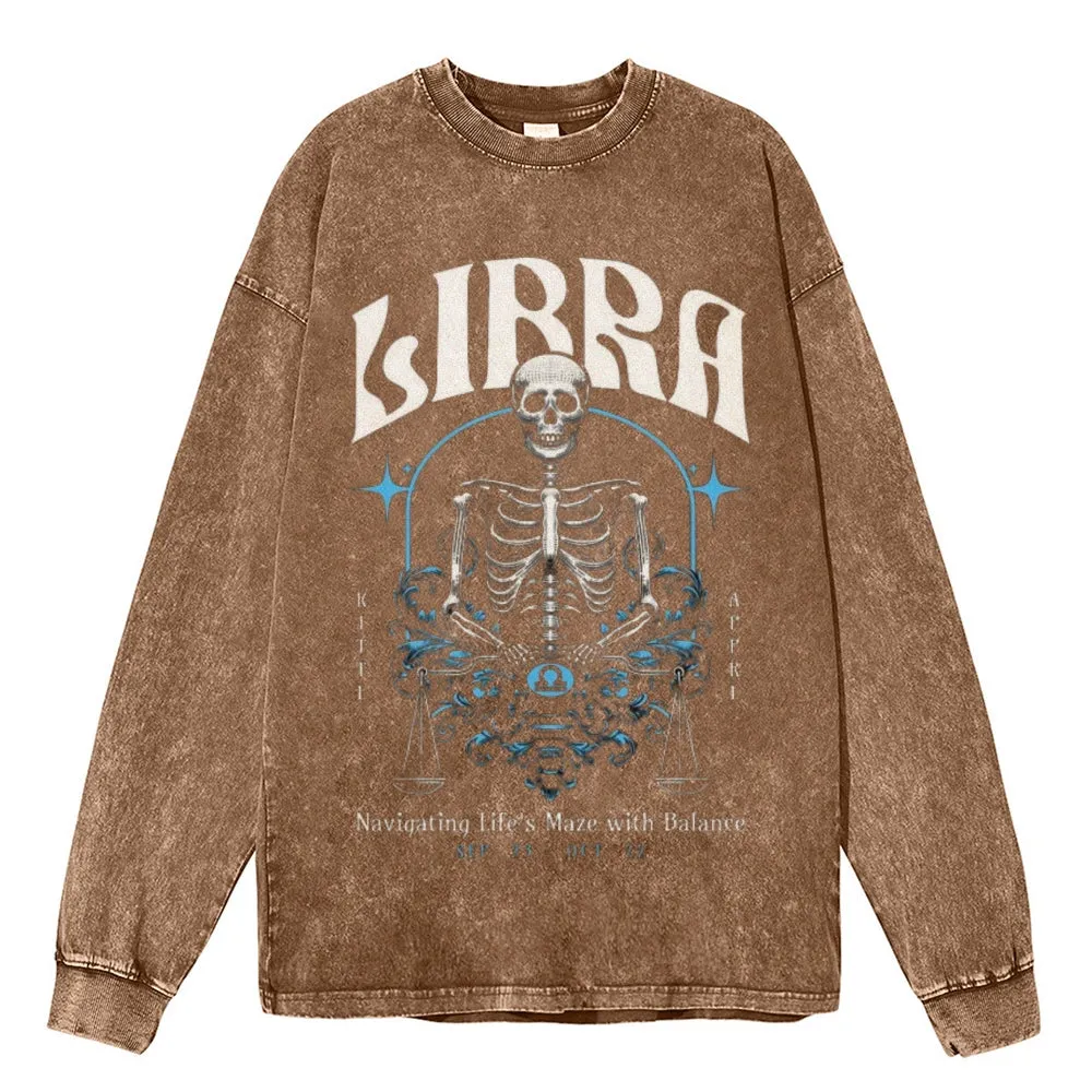 Oversized Vintage Washed Zodiac Skeleton Libra Graphic Sweatshirt