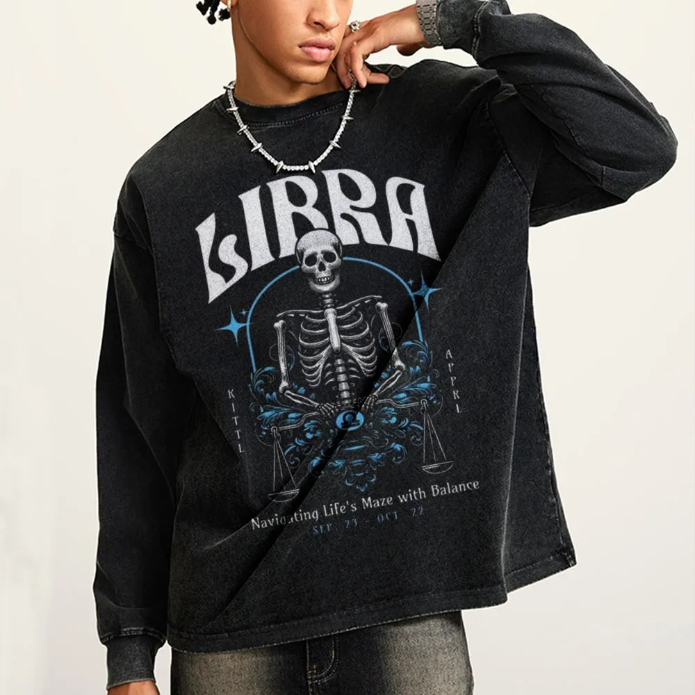 Oversized Vintage Washed Zodiac Skeleton Libra Graphic Sweatshirt