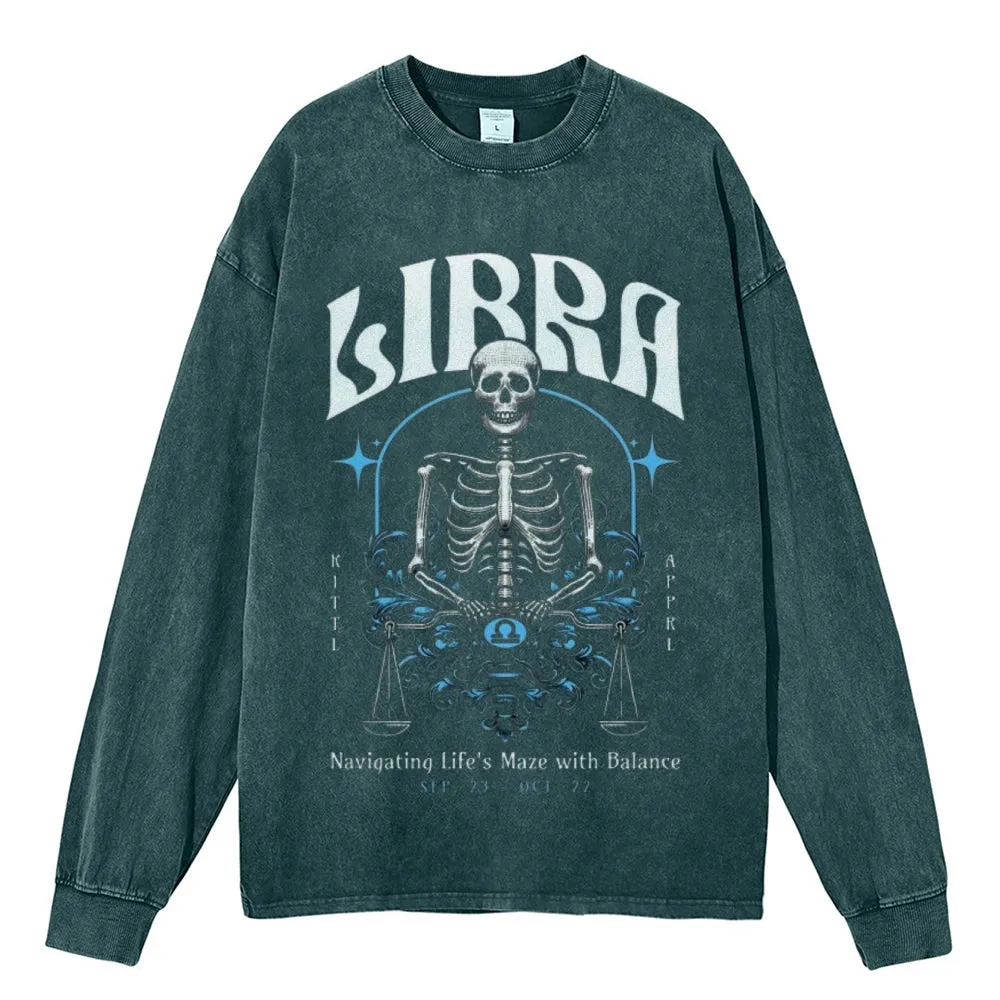 Oversized Vintage Washed Zodiac Skeleton Libra Graphic Sweatshirt