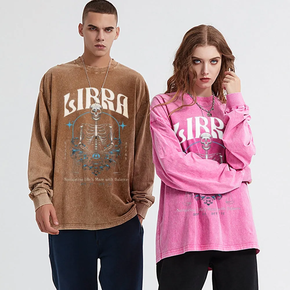 Oversized Vintage Washed Zodiac Skeleton Libra Graphic Sweatshirt