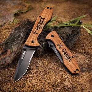 Personalized Oak Wood Pocket Knife with Name and Icon