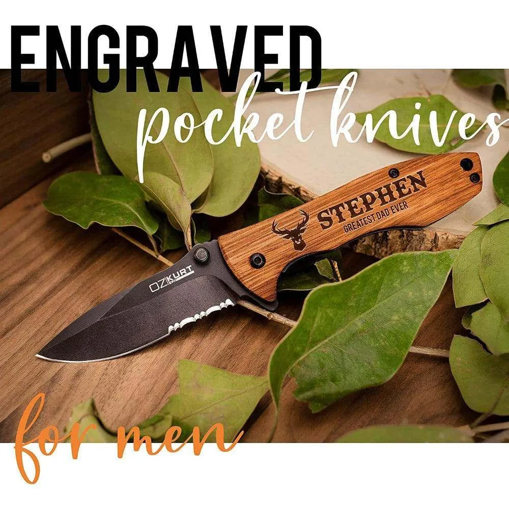 Personalized Oak Wood Pocket Knife with Name and Icon