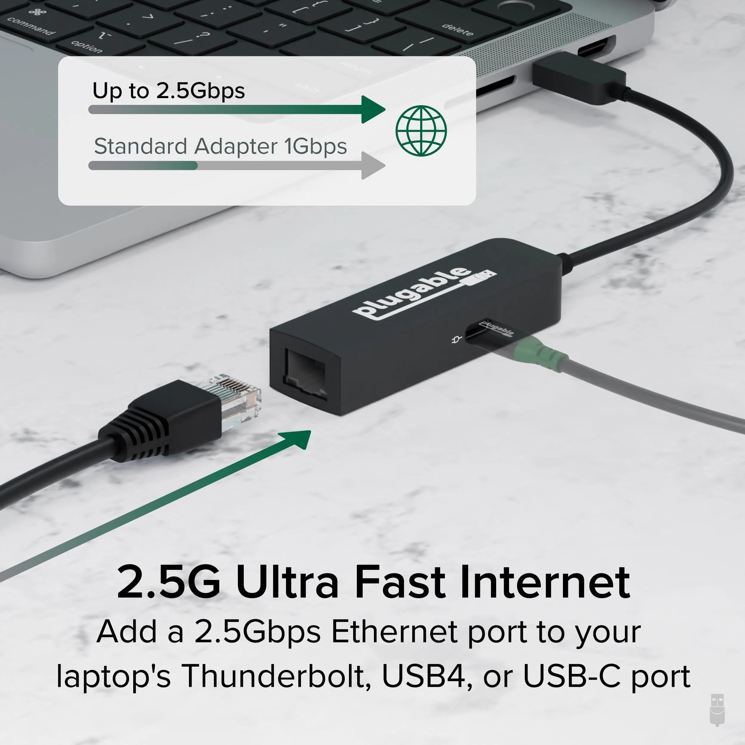 Plugable USB-C to 2.5 Gbps Ethernet Adapter with 100W USB-C Charging