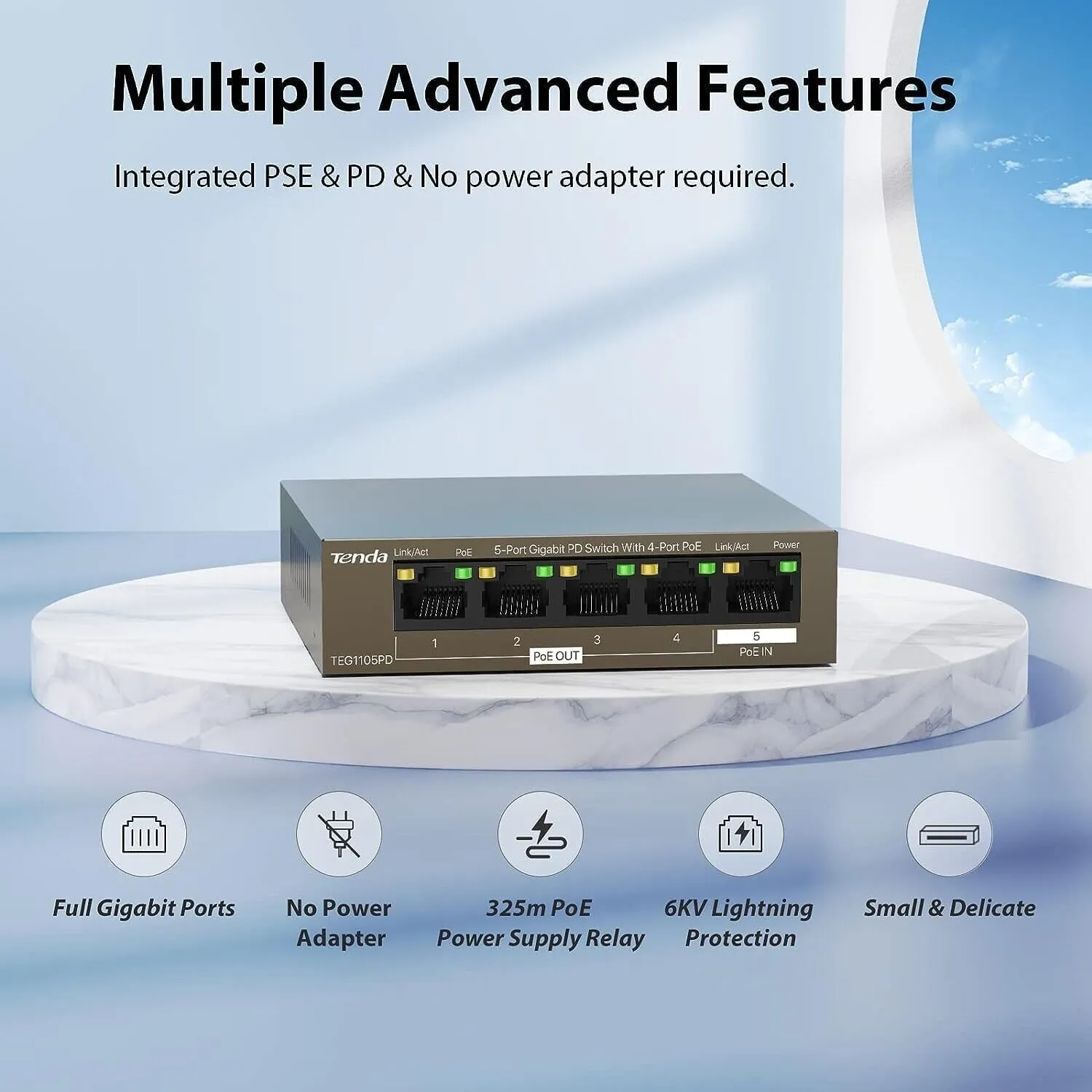 Tenda TEG1105PD 5-Port Network Switch Gigabit Power Delivery With 4-Port PoE 