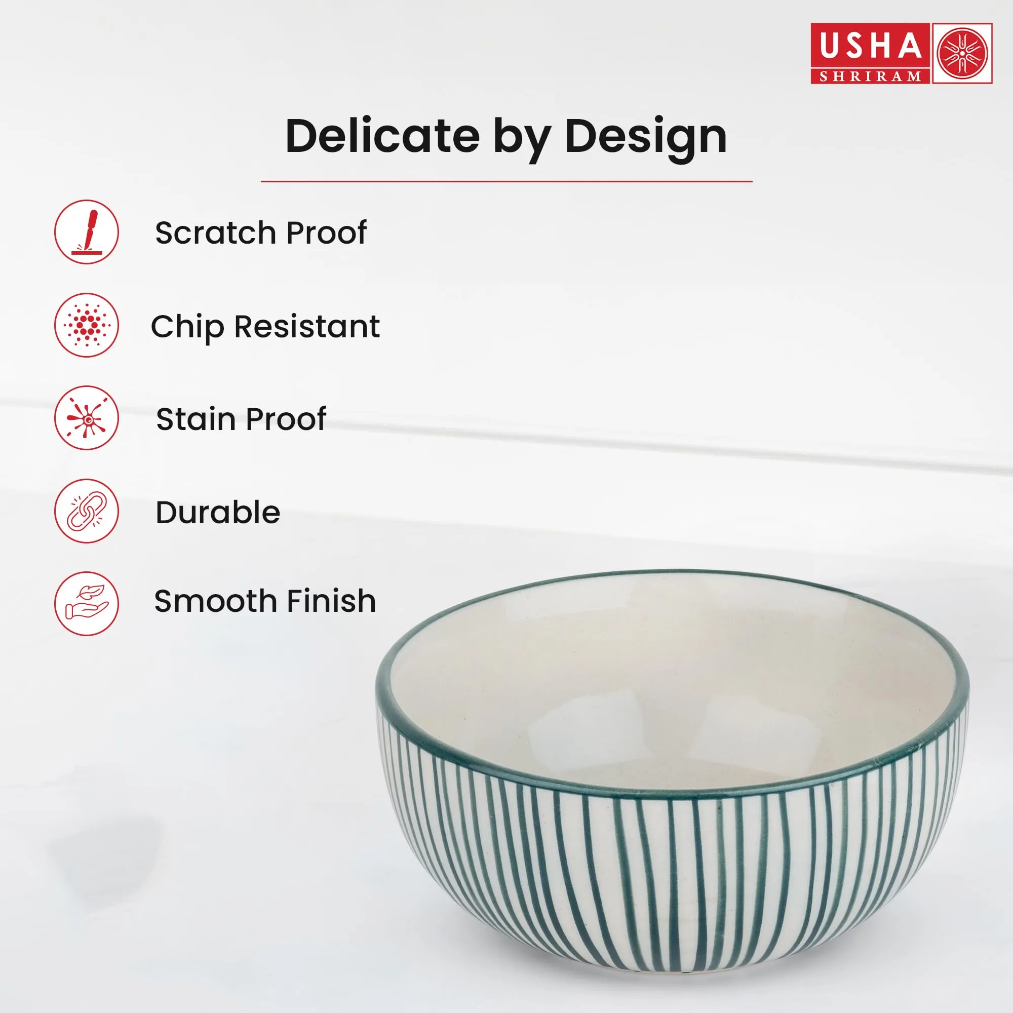 USHA SHRIRAM Ceramic Hand-Painted Bowl for Snacks & Dinner Microwave Safe | Refrigerator Safe | Scratch Resistant | Stain Proof | Dinnerware | Dinner Plate for Family Occasion (Design 2)