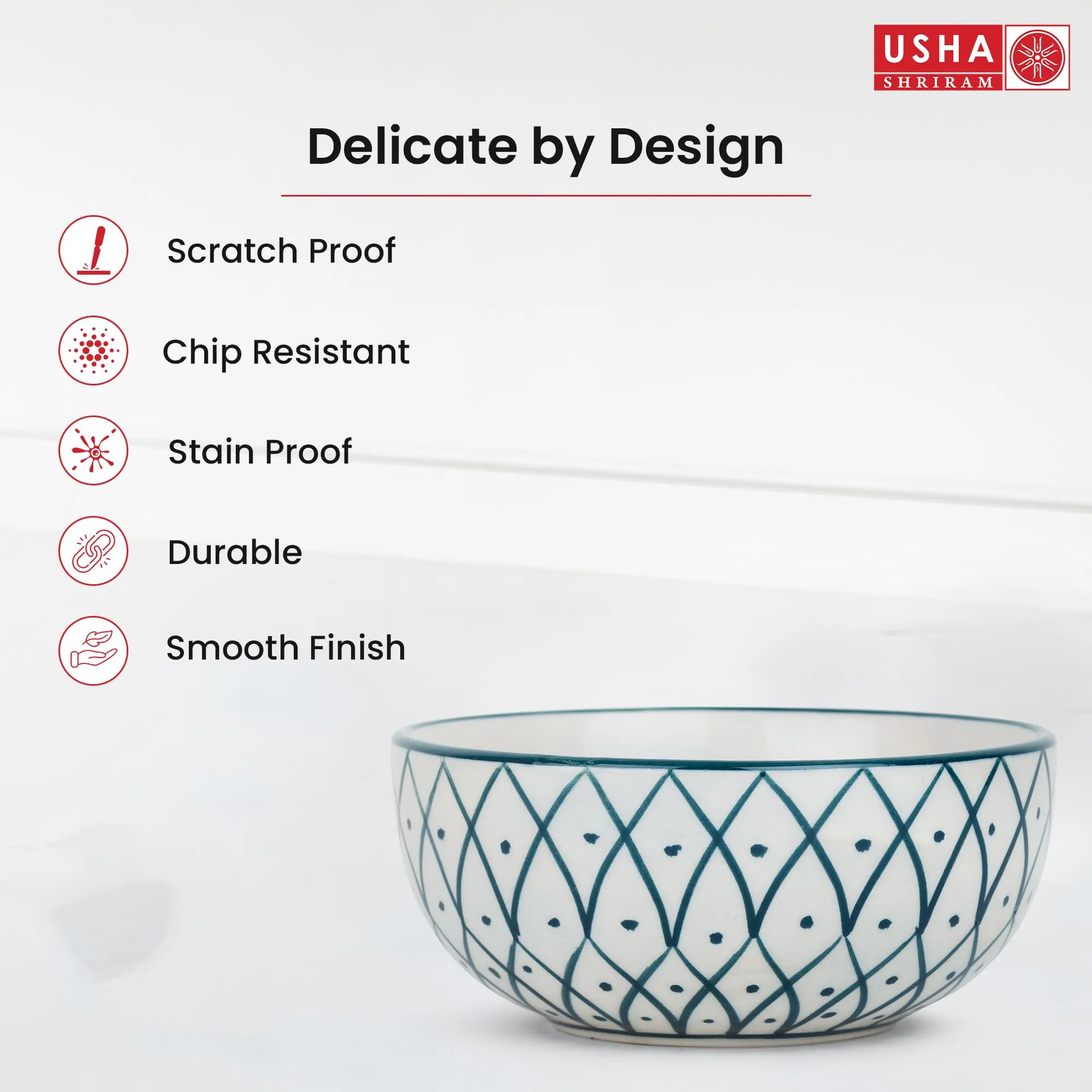 USHA SHRIRAM Ceramic Hand-Painted Bowl for Snacks & Dinner Microwave Safe | Refrigerator Safe | Scratch Resistant | Stain Proof | Dinnerware | Dinner Plate for Family Occasion (Design 4)