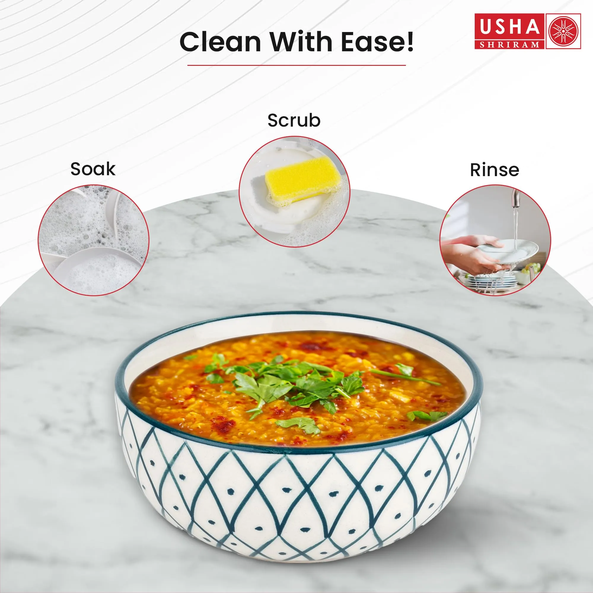 USHA SHRIRAM Ceramic Hand-Painted Bowl for Snacks & Dinner Microwave Safe | Refrigerator Safe | Scratch Resistant | Stain Proof | Dinnerware | Dinner Plate for Family Occasion (Design 4)