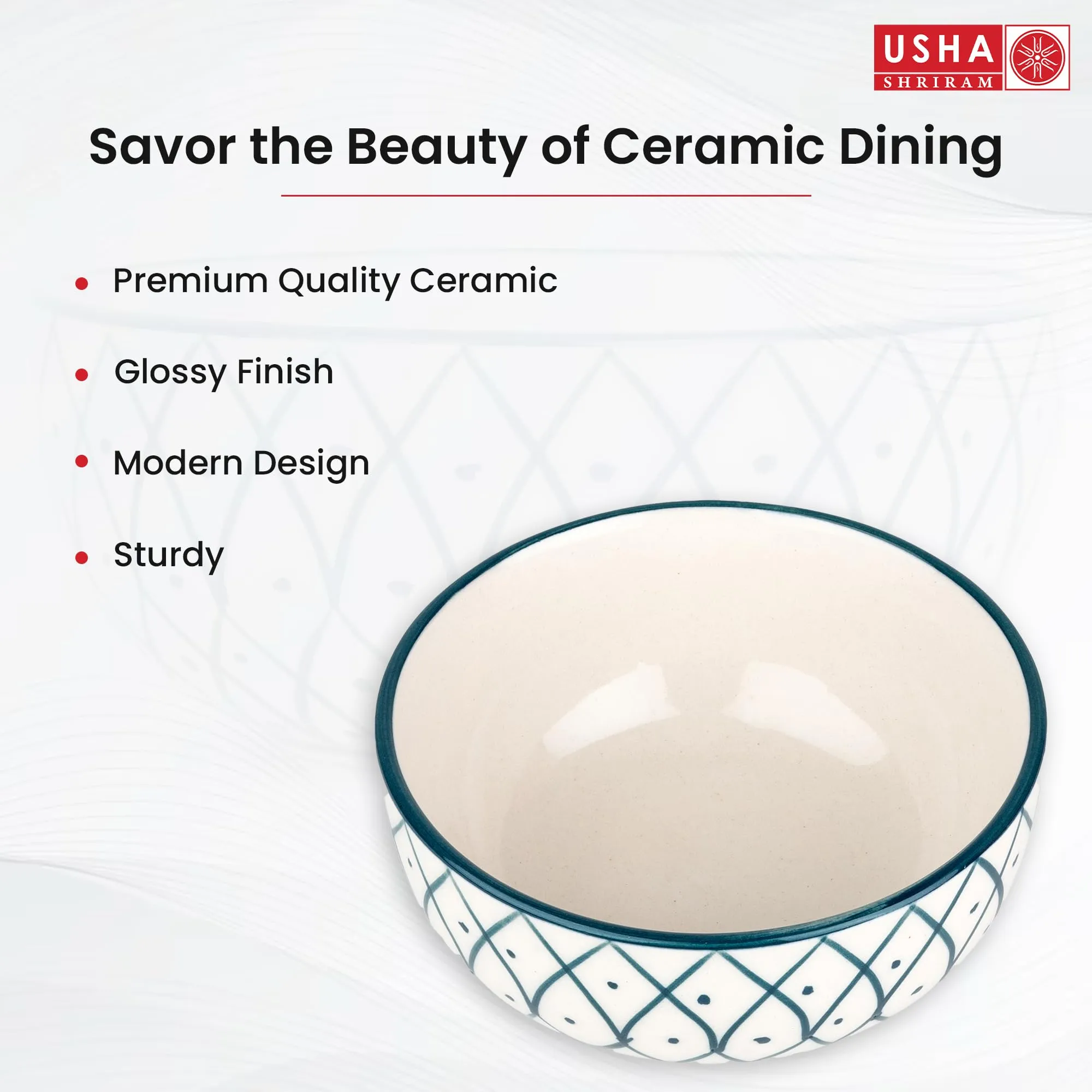 USHA SHRIRAM Ceramic Hand-Painted Bowl for Snacks & Dinner Microwave Safe | Refrigerator Safe | Scratch Resistant | Stain Proof | Dinnerware | Dinner Plate for Family Occasion (Design 4)
