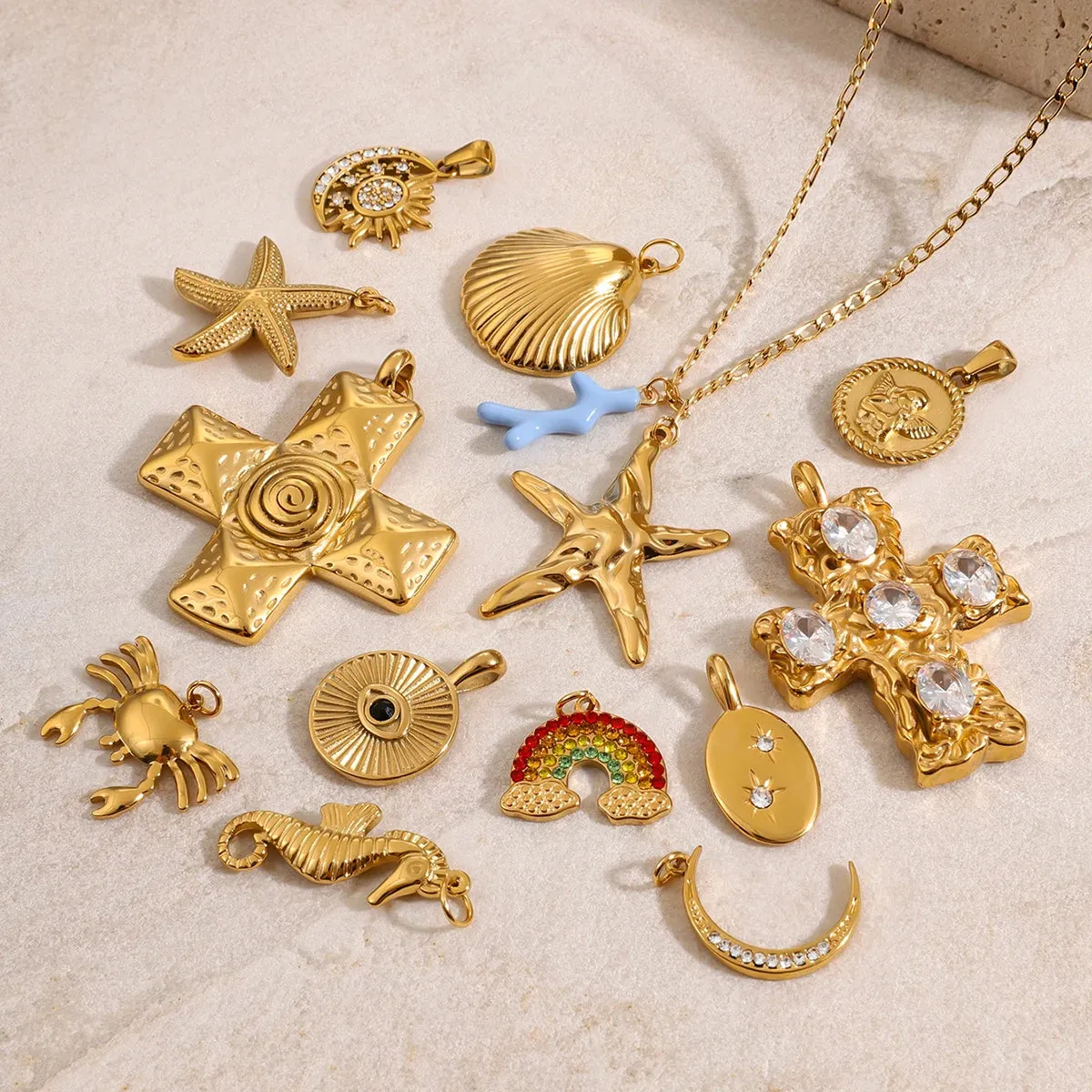 VAIGE Conch Sea Shell and Starfish Stainless Steel Charm for DIY Jewelry Crafting - Perfect for Handmade Necklaces and Unique Accessories