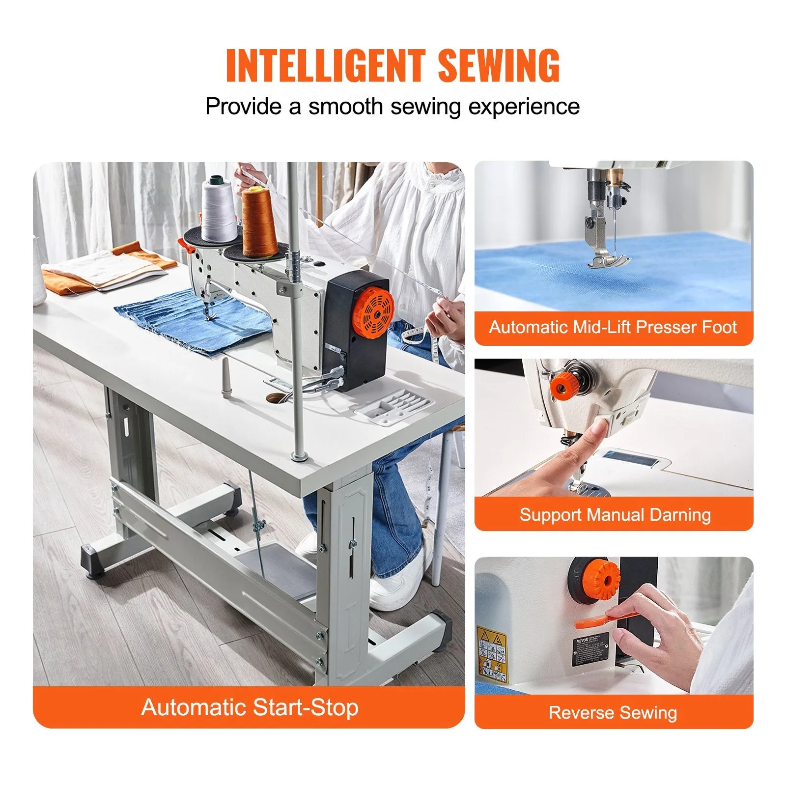 Vevor Industrial Sewing Machine 550W Heavy-Duty Lockstitch 5000 S.P.M Clear Control Panel and Table Stand New