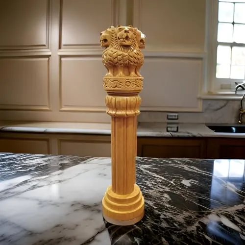 Wooden Ashoka Stambh Handicraft Ashoka Pillar Office & Home Decor Showpiece, Yellow Size - 8 Inch