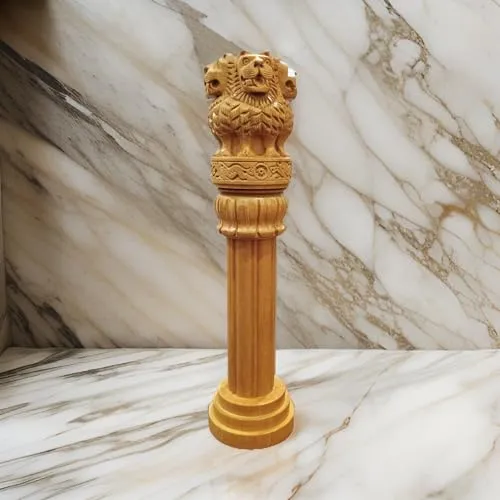 Wooden Ashoka Stambh Handicraft Ashoka Pillar Office & Home Decor Showpiece, Yellow Size - 8 Inch