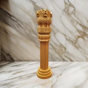 Wooden Ashoka Stambh Handicraft Ashoka Pillar Office & Home Decor Showpiece, Yellow Size - 8 Inch
