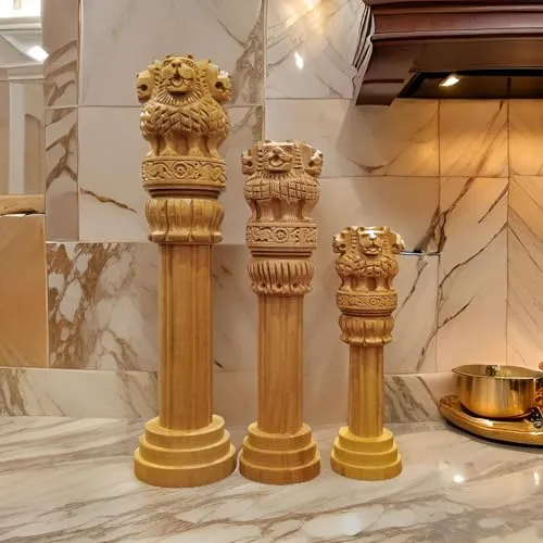 Wooden Ashoka Stambh Handicraft Ashoka Pillar Office & Home Decor Showpiece, Yellow Size - 8 Inch